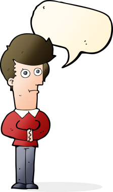 Bir insan tarafından çizilmiş bir konuşma balonuyla bakan çizgi film adamı.