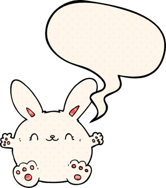 Bir insan tarafından çizilmiş çizgi roman tarzında konuşma balonu olan sevimli çizgi film tavşanı.