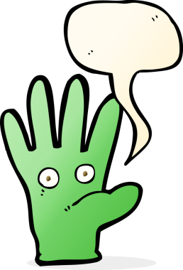 Bir insan tarafından çizilmiş konuşma baloncuğu olan gözleri olan çizgi film eli.