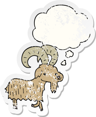 Düşünce baloncuğu olan çizgi film keçisi insan tarafından çizilmiş yıpranmış bir çıkartma gibi.