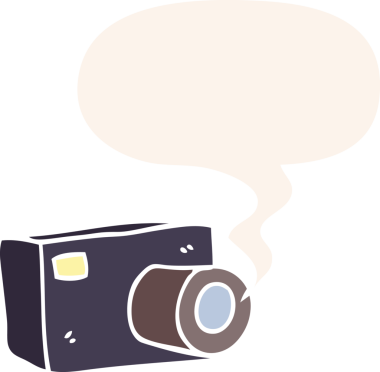 bir insan tarafından çizilmiş, konuşma baloncuklu çizgi film kamerası.