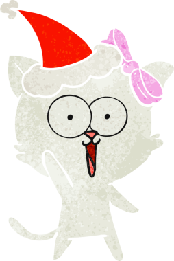 Bir insan tarafından çizilmiş Noel Baba şapkası takan bir kedinin retro karikatürü.