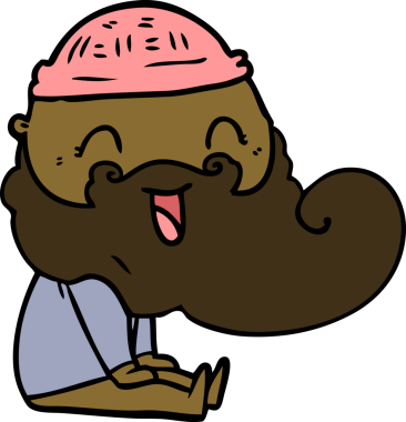 Mutlu sakallı adam oturmuş bir insan tarafından çizilmiş kahkahalara gülüyordu.