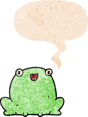 grunge 'da konuşma baloncuğu olan karikatür kurbağası bir insan tarafından çizilmiş dertli retro stil.