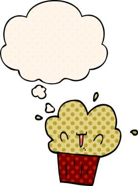 Bir insan tarafından çizilmiş, düşünce baloncuklu çizgi roman tarzı kek.