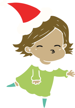 Bir insan tarafından çizilmiş Noel Baba şapkası takan bir kadının düz renkli çizimi.