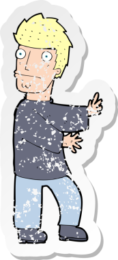 Bir insan tarafından çizilmiş, gerilmiş, karikatürlü bir adamın gerilmiş retro yapıştırması.