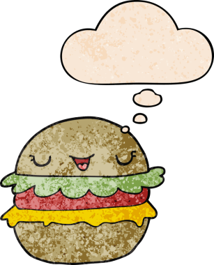 Bir insan tarafından çizilmiş grunge desenli düşünce baloncuklu çizgi film burgeri.