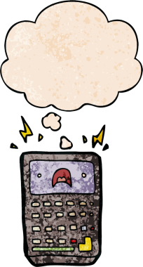 bir insan tarafından çizilmiş grunge doku biçiminde düşünce baloncuğu olan çizgi film hesap makinesi