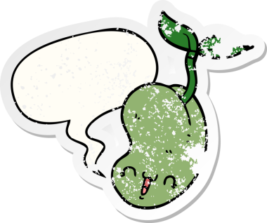 Konuşma baloncuğuyla filizlenen tatlı çizgi film tohumu bir insan tarafından çizilmiş sıkıntılı eski bir çıkartma