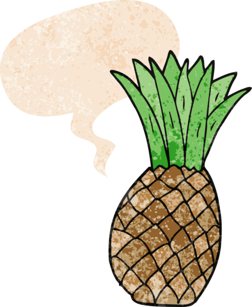 grunge içinde konuşma balonu olan çizgi film ananası. bir insan tarafından çizilmiş sıkıntılı retro dokuma tarzı