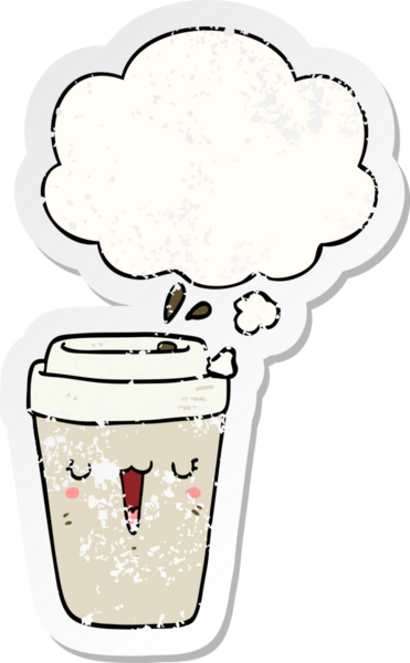 Düşünce baloncuklu çizgi film kahve fincanı insan tarafından çizilmiş yıpranmış bir çıkartma gibi.