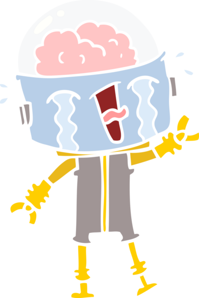 Düz renkli çizgi film ağlayan robot bir insan tarafından çizildi.