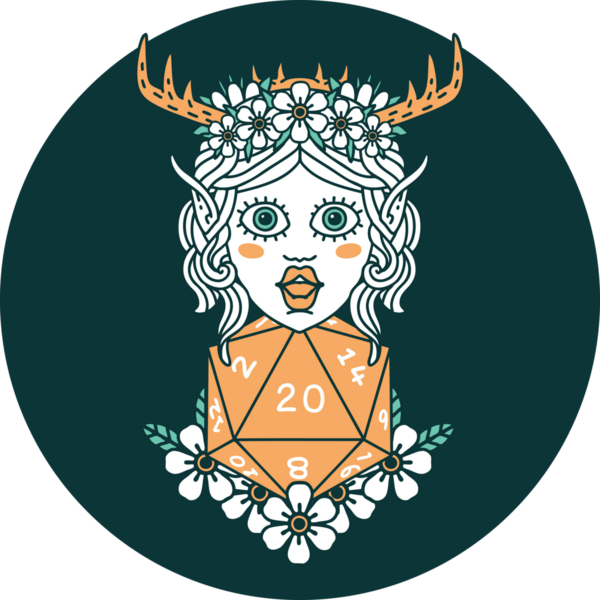 Bir insan tarafından çizilmiş nautral yirmi zar ile Elf Druid karakterinin simgesi