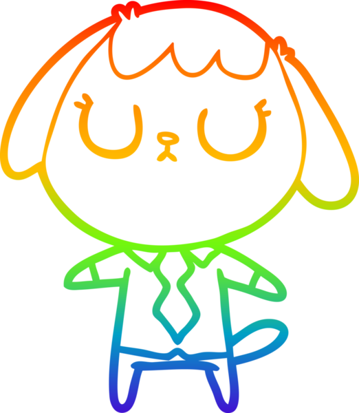 Gökkuşağı gradyan çizgisi. Bir insan tarafından çizilmiş ofis tişörtü giyen sevimli bir köpeğin çizimi.