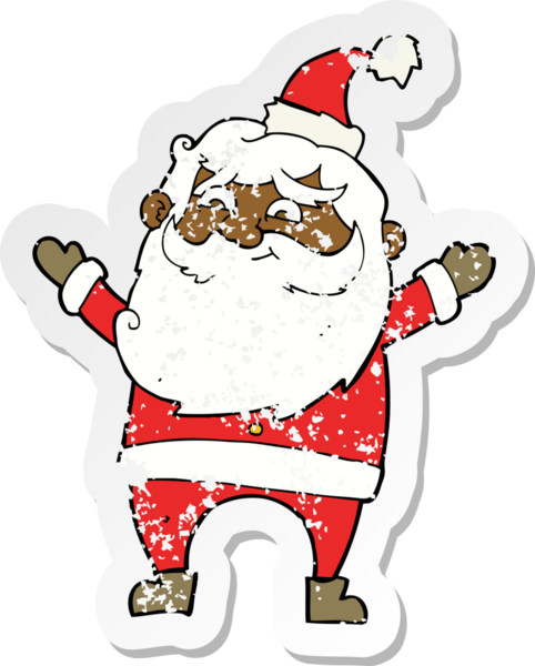 Bir insan tarafından çizilmiş mutlu Noel Baba çizgi filminin gerilimli retro yapıştırması.