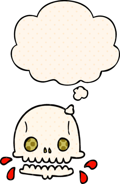 Çizgi roman tarzında bir insan tarafından çizilmiş düşünce baloncuğu olan karikatürümsü kafatası.