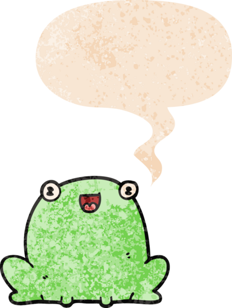 grunge 'da konuşma baloncuğu olan karikatür kurbağası bir insan tarafından çizilmiş dertli retro stil.