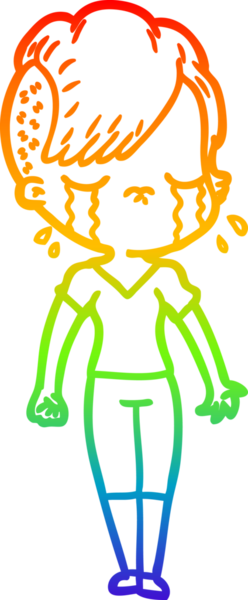 Gökkuşağının gradyan çizimi bir insan tarafından çizilmiş ağlayan bir kız çizgi filmi.