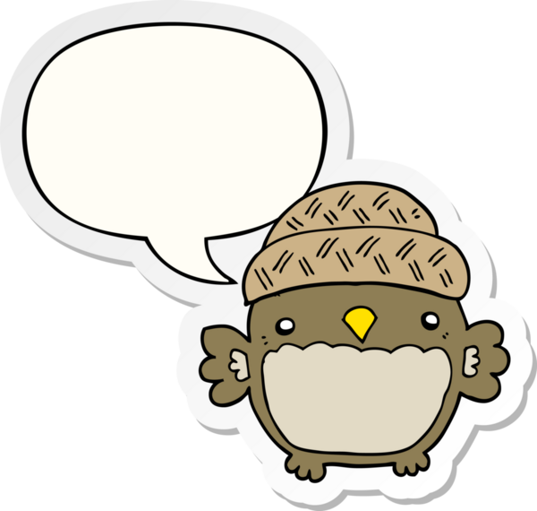 Bir insan tarafından çizilmiş konuşma kabarcığı etiketli şapkalı sevimli bir baykuş.