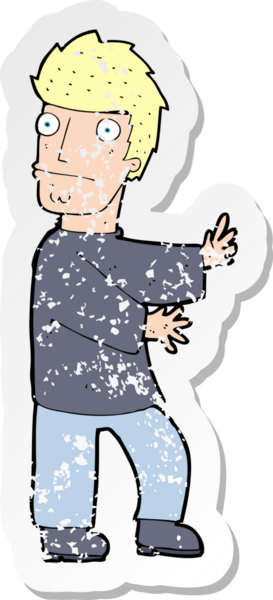 Bir insan tarafından çizilmiş, gerilmiş, karikatürlü bir adamın gerilmiş retro yapıştırması.