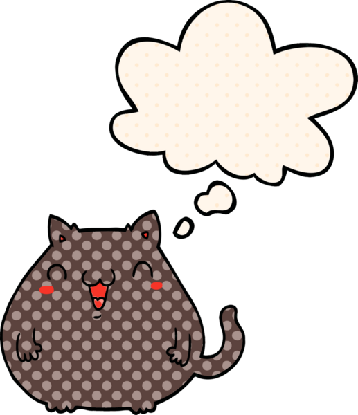 Çizgi roman tarzında düşünce baloncuğu olan çizgi film kedisi insan tarafından çizilmiş.