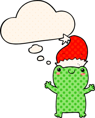 Bir insan tarafından çizilmiş çizgi roman tarzında düşünce balonu olan şirin noel kurbağası.