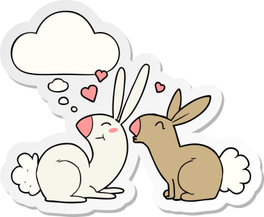 Düşünce baloncuğuna aşık çizgi film tavşanları insan tarafından çizilmiş bir çıkartma gibi.