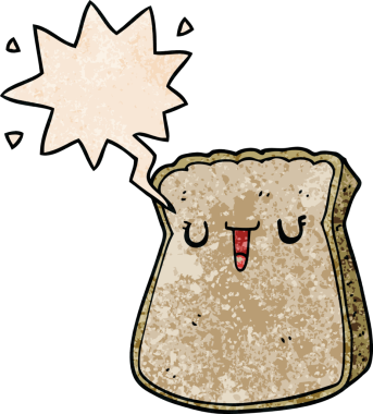 bir insan tarafından çizilmiş, geçmişe dönük konuşma baloncuklu bir ekmek dilimi.