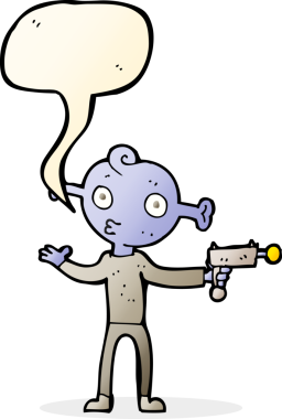 Bir insan tarafından çizilmiş, ışın tabancalı çizgi film uzaylısı.