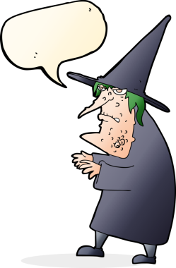 Bir insan tarafından çizilmiş konuşma balonu olan çirkin yaşlı cadı çizgi filmi.