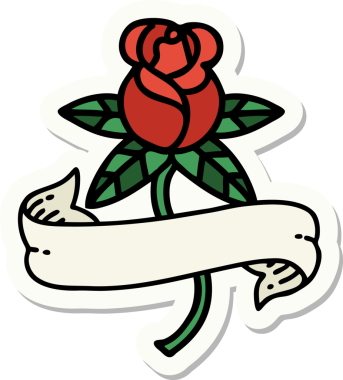 Bir insan tarafından çizilmiş gül ve pankartın geleneksel stiliyle dövme çıkartması.