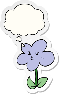 Düşünce baloncuklu karikatür çiçeği insan tarafından çizilmiş bir çıkartma gibi.