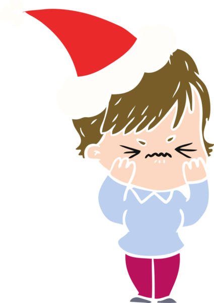 Bir insan tarafından çizilmiş Noel Baba şapkası giymiş hayal kırıklığına uğramış bir kadının el çizimi düz renk çizimi.