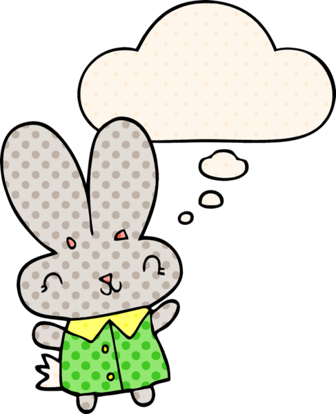 Çizgi roman tarzında bir insan tarafından çizilmiş düşünce kabarcığı olan şirin çizgi film minik tavşan.