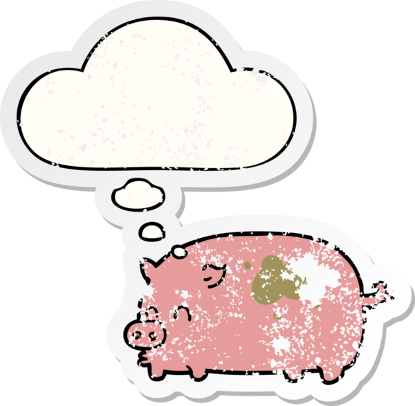 Düşünce baloncuğu olan sevimli çizgi film domuzu bir insan tarafından çizilmiş yıpranmış bir çıkartma.