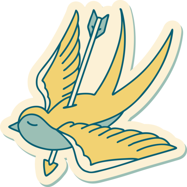 Geleneksel kırlangıç stili dövme çıkartması. Bir insan tarafından çizilmiş ok ile.