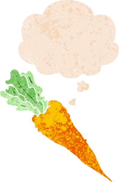 Düşünce baloncuklu çizgi film havucu grunge sıkıntı retro dokuma tarzı bir insan tarafından çizilmiş
