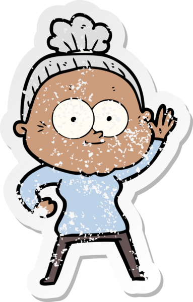 Bir insan tarafından çizilmiş mutlu, yaşlı bir kadının sıkıntılı çıkartması.