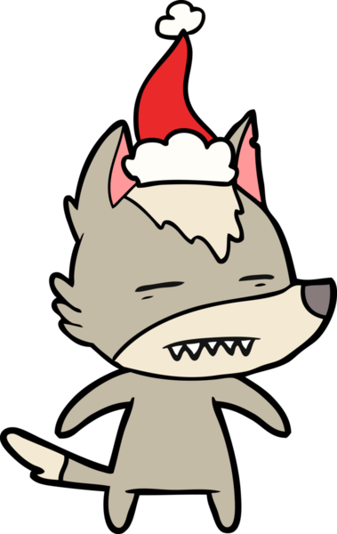 Bir insan tarafından çizilmiş Noel Baba şapkası takan bir kurdun el çizimi.