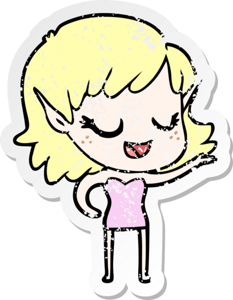 Bir insan tarafından çizilmiş mutlu bir elf kızının sıkıntılı çıkartması.