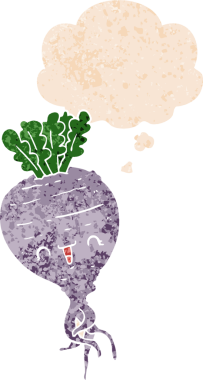 Düşünce baloncuklu karikatür şalgamlı grunge sıkıntılı retro desenli bir insan çizimi