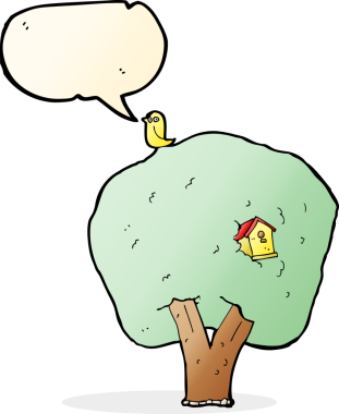 Bir insan tarafından çizilmiş, kuş yuvalı çizgi film ağacı.