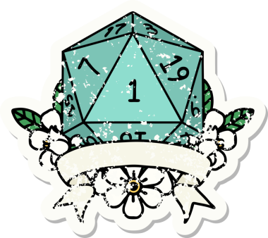 Bir insan tarafından çizilmiş doğal bir d20 zarının grunge çıkartması.