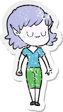 Bir insan tarafından çizilmiş mutlu bir elf kızının sıkıntılı çıkartması.