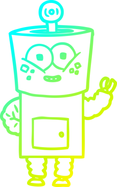 Bir insan tarafından çizilen el sallayan mutlu bir robot çizgi film çizimi.