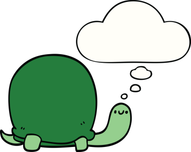 Bir insan tarafından çizilmiş düşünce baloncuklu şirin karikatür kaplumbağası.