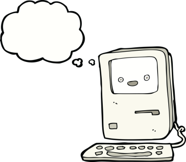 Bir insan tarafından çizilmiş düşünce baloncuklu eski bir bilgisayar.