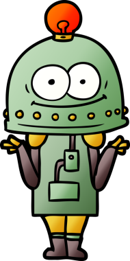 Bir insan tarafından çizilmiş ampullü mutlu karton robot.