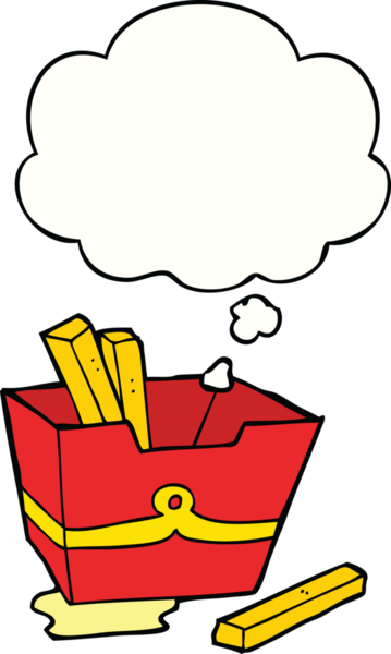 Bir insan tarafından çizilmiş düşünce balonlu patates kızartması kutusu.